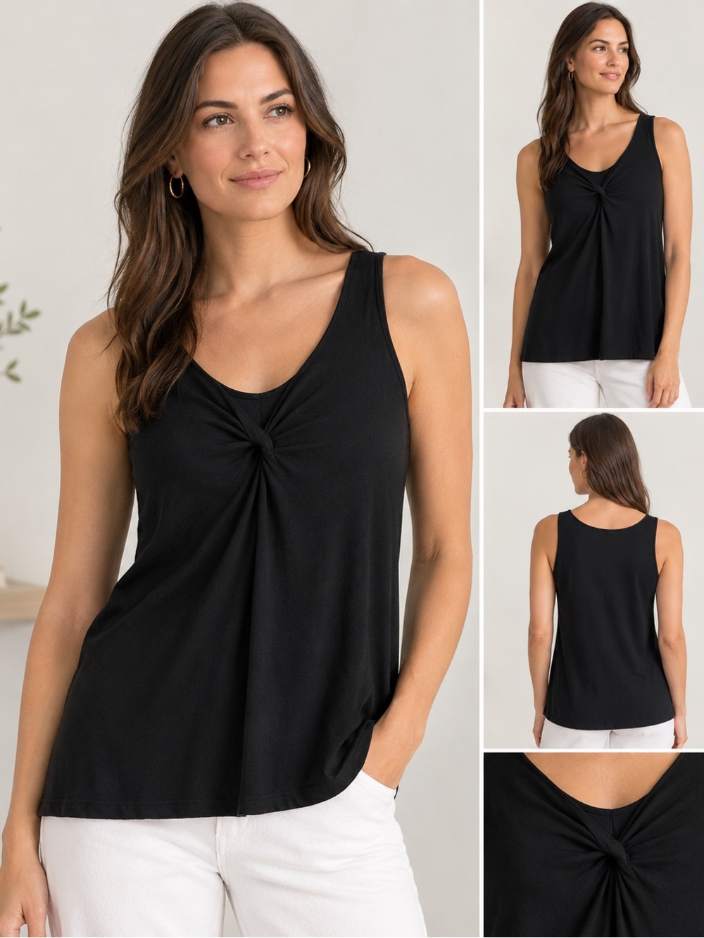 Eileen Fisher Medium Black Rayon Blend Twist Front Tank Top Minimalist Comfort